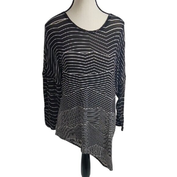 BCBGMAXAZRIA Blouse Black White Striped Asymmetrical Semi Sheer Womens Size S - Picture 1 of 6
